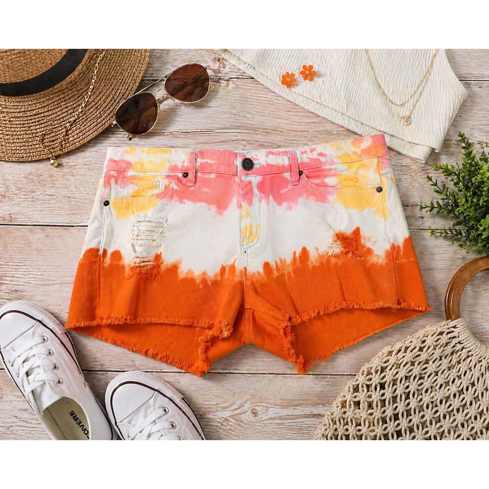 Bongo Womens Tie Dye Distressed Denim Shorts Orange Pink Yellow Size 15 Festival